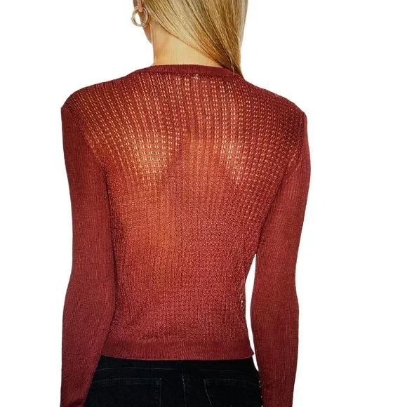 Free People H2O Sheer Knit Top Size Crewneck Pullover Long Sleeve Garnet Large - Picture 3 of 9